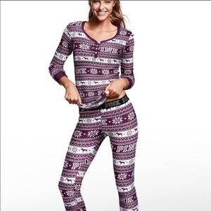 Pink VS Thermal Maroon Fair Isle Pajamas Size S